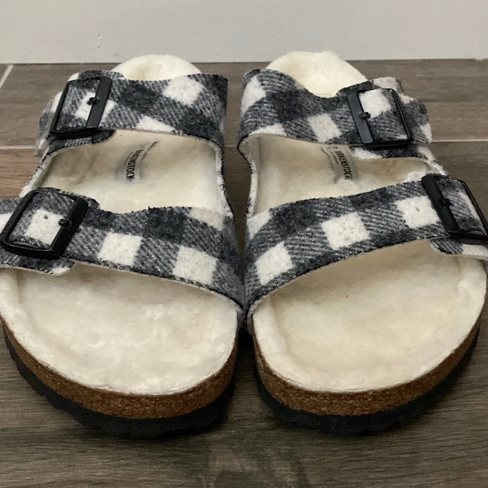 NEW Birkenstock Arizona Shearling Plaid Wool Slide Sandal Size 45 / 12